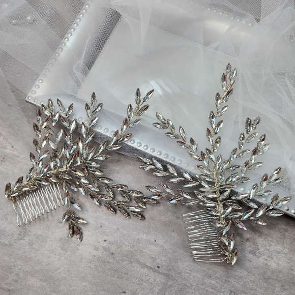 NEW TWO peices set Sparkly Crystal Flower Bridal Headpiece headband Veil Comb - Picture 4 of 7